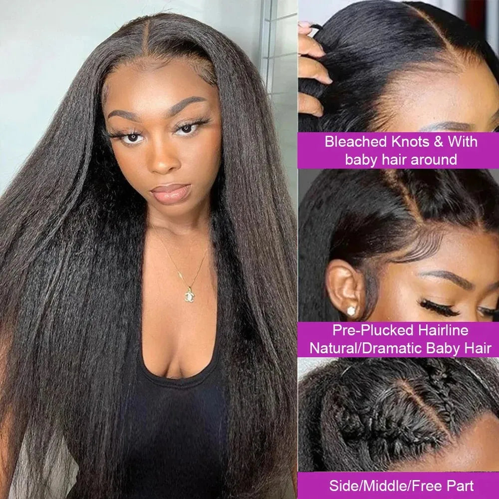 Kinky Straight Pre Plucked Yaki Straight HD Lace Frontal 4C Edges Curly Human Hair Wigs