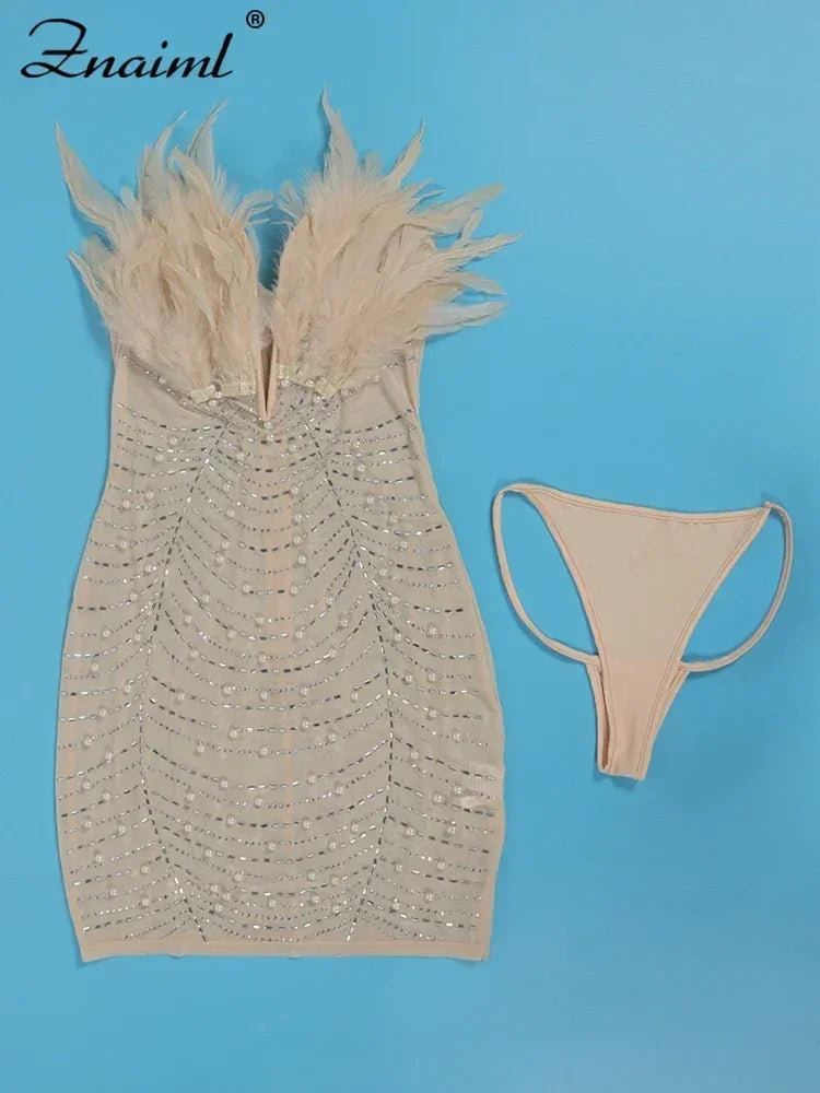 Sexy Feathers Rhinestones Backless Diamond Sheer Mesh Bodycon Dresses