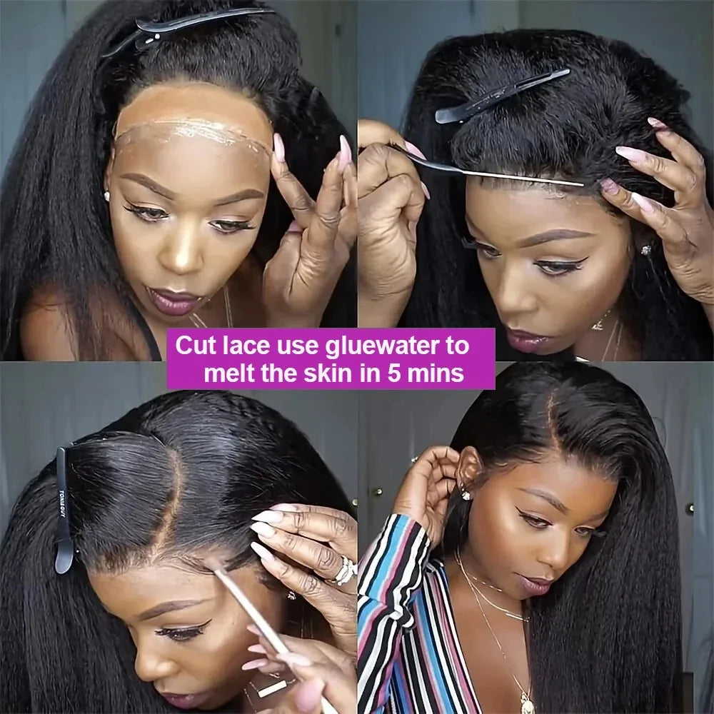 Kinky Straight Pre Plucked Yaki Straight HD Lace Frontal 4C Edges Curly Human Hair Wigs