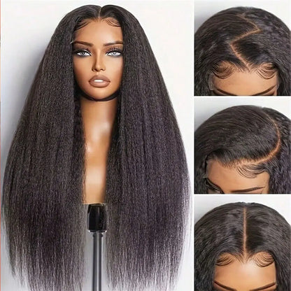 Kinky Straight Pre Plucked Yaki Straight HD Lace Frontal 4C Edges Curly Human Hair Wigs