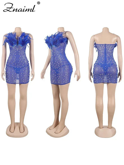 Sexy Feathers Rhinestones Backless Diamond Sheer Mesh Bodycon Dresses