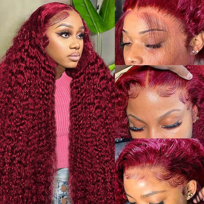 Burgundy 99j Deep Wave Frontal Curly Hd Lace Frontal Human Hair Wig