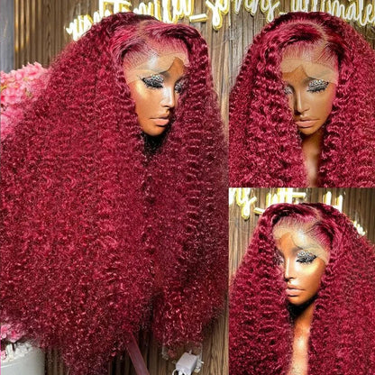 Burgundy 99j Deep Wave Frontal Curly Hd Lace Frontal Human Hair Wig