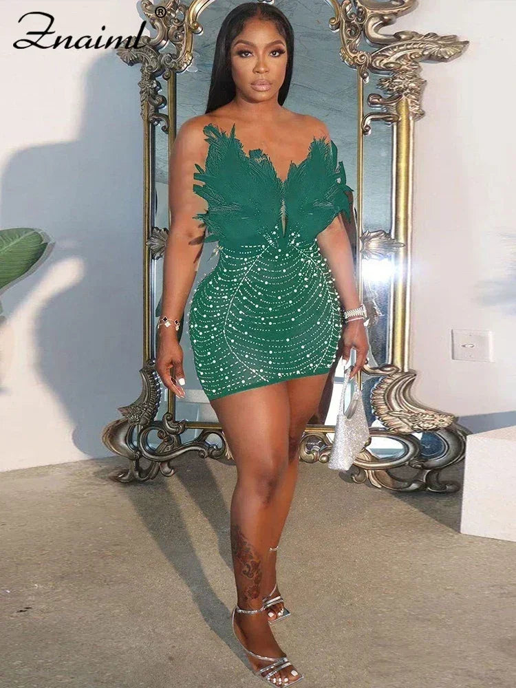 Sexy Feathers Rhinestones Backless Diamond Sheer Mesh Bodycon Dresses