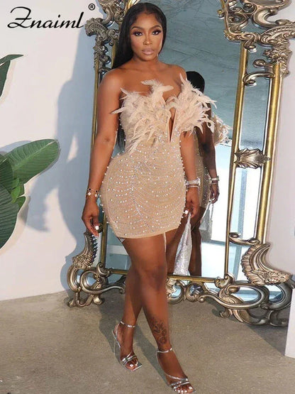 Sexy Feathers Rhinestones Backless Diamond Sheer Mesh Bodycon Dresses