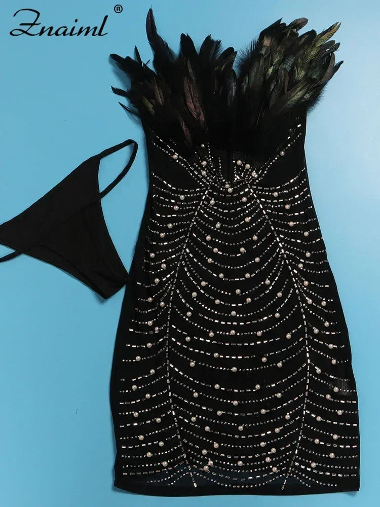 Sexy Feathers Rhinestones Backless Diamond Sheer Mesh Bodycon Dresses