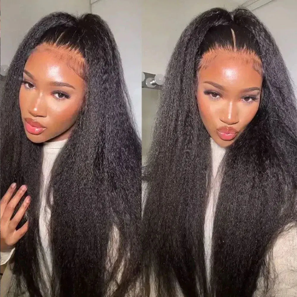 Kinky Straight Pre Plucked Yaki Straight HD Lace Frontal 4C Edges Curly Human Hair Wigs