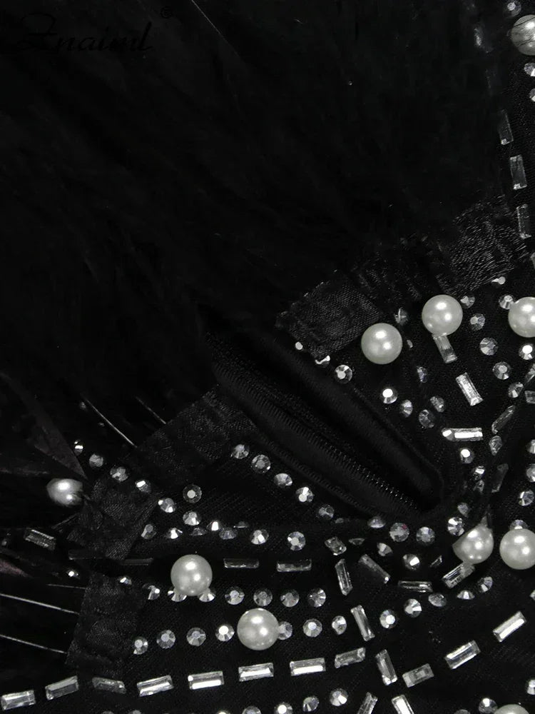 Sexy Feathers Rhinestones Backless Diamond Sheer Mesh Bodycon Dresses