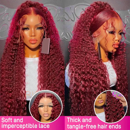 Burgundy 99j Deep Wave Frontal Curly Hd Lace Frontal Human Hair Wig