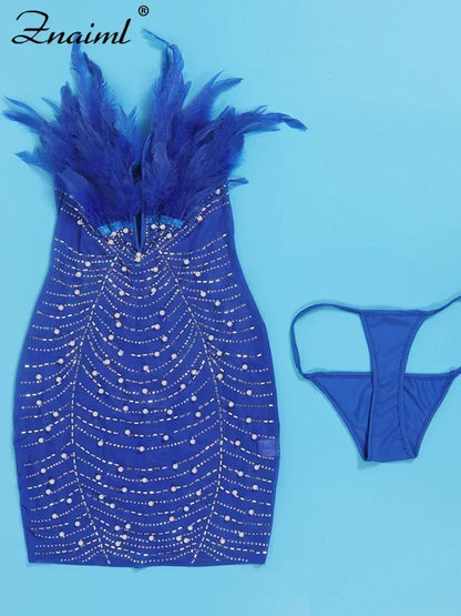 Sexy Feathers Rhinestones Backless Diamond Sheer Mesh Bodycon Dresses
