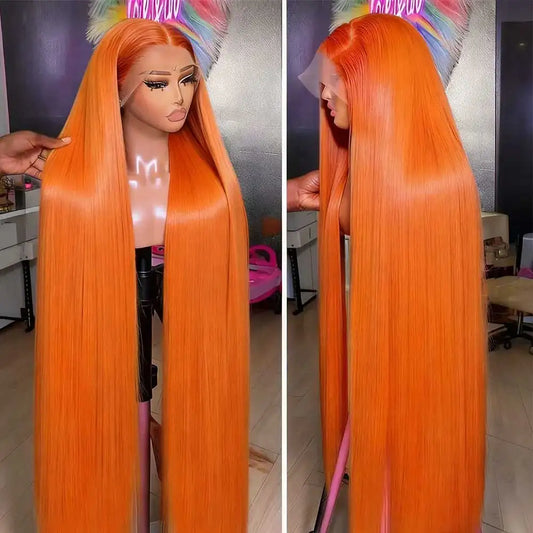 Orange Ginger Straight Human Hair Brazilian HD Transparent Lace Frontal Wigs