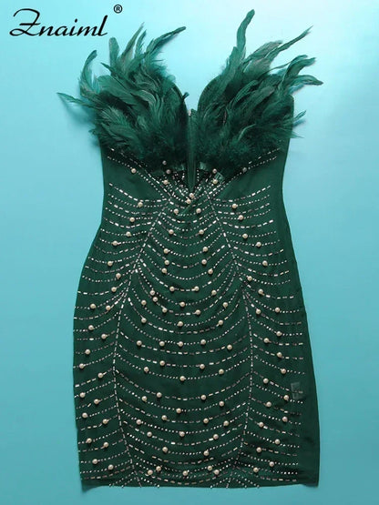 Sexy Feathers Rhinestones Backless Diamond Sheer Mesh Bodycon Dresses