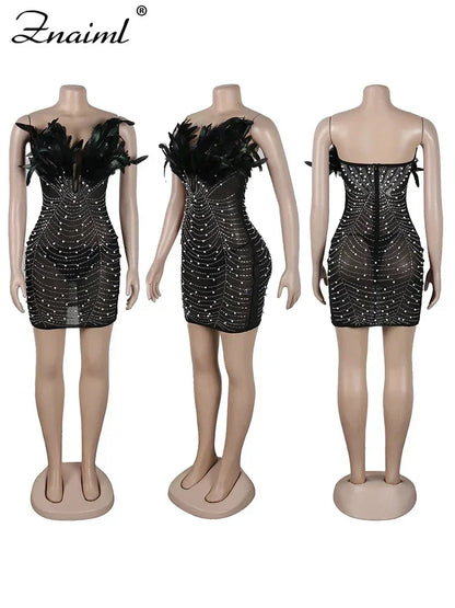 Sexy Feathers Rhinestones Backless Diamond Sheer Mesh Bodycon Dresses