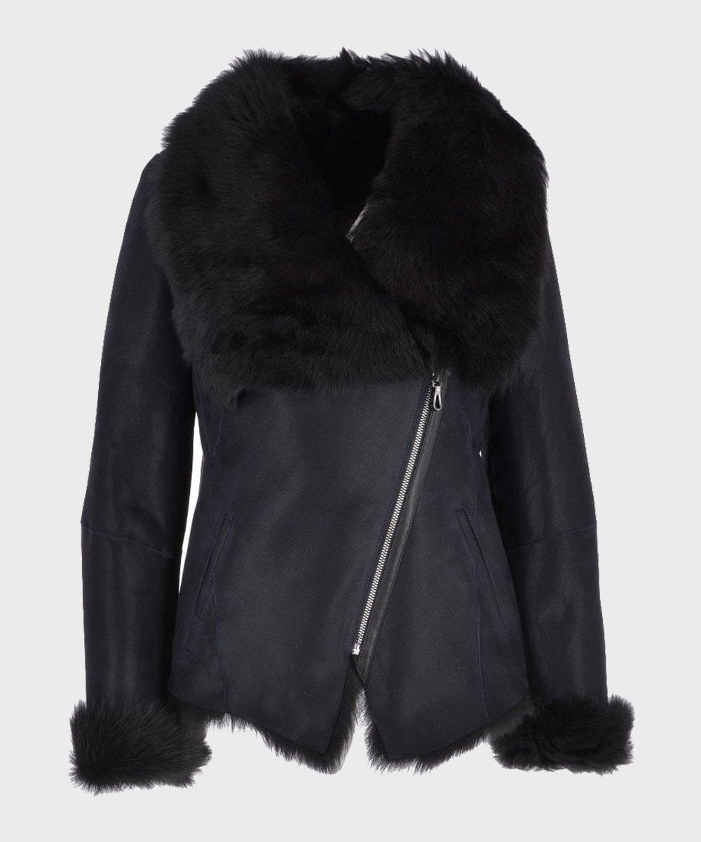 Women Black Shearling Fur Leather Jacket