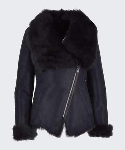Women Black Shearling Fur Leather Jacket