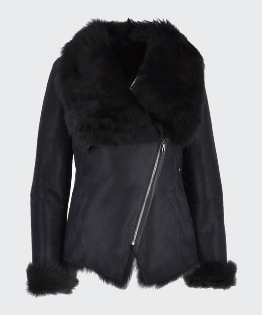 Women Black Shearling Fur Leather Jacket