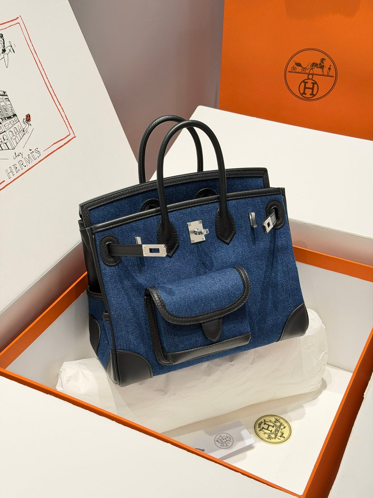 Hermes 25 Cargo Denim Handbag